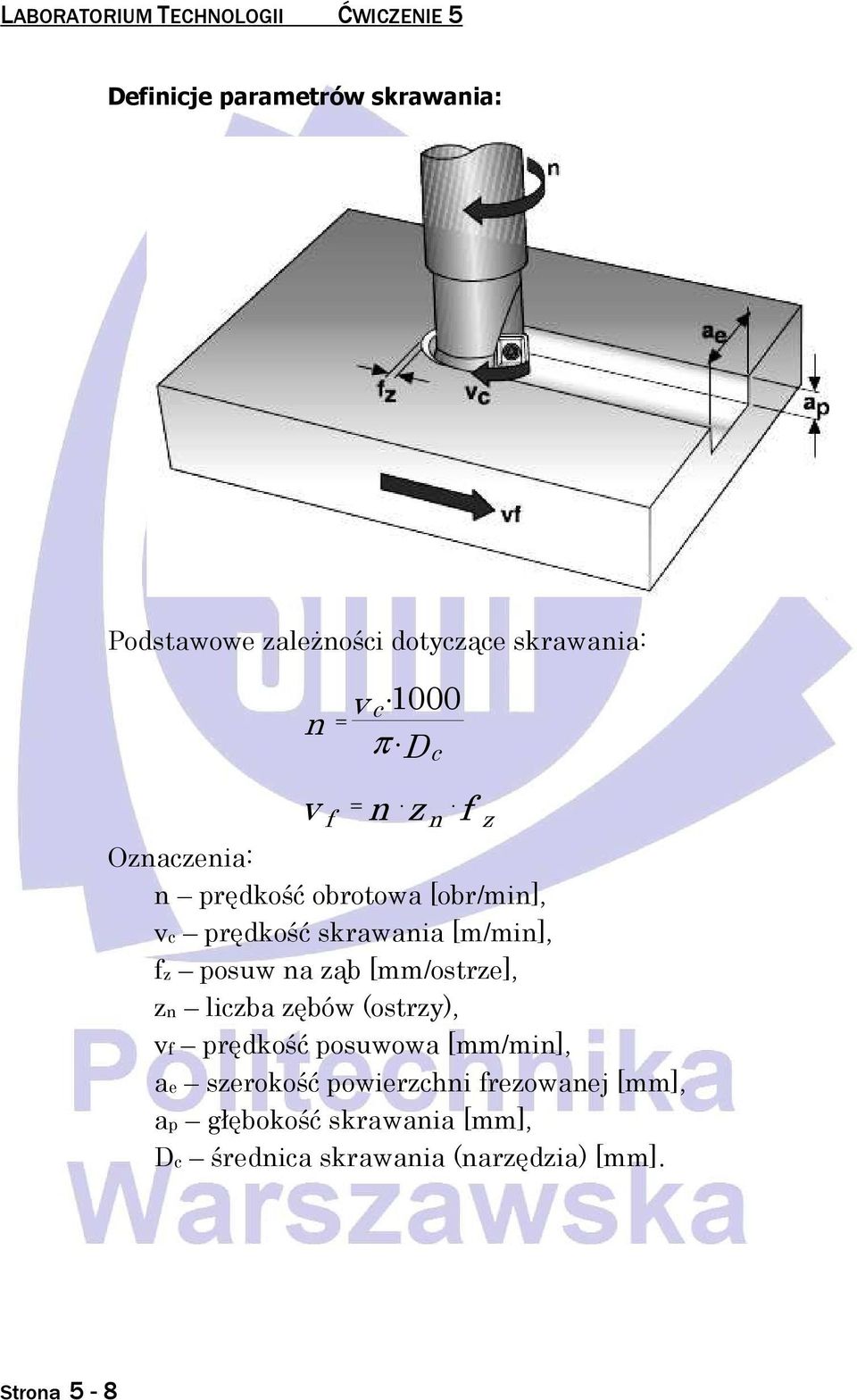 [m/min], fz posuw na ząb [mm/ostrze], zn liczba zębów (ostrzy), vf prędkość posuwowa [mm/min], ae