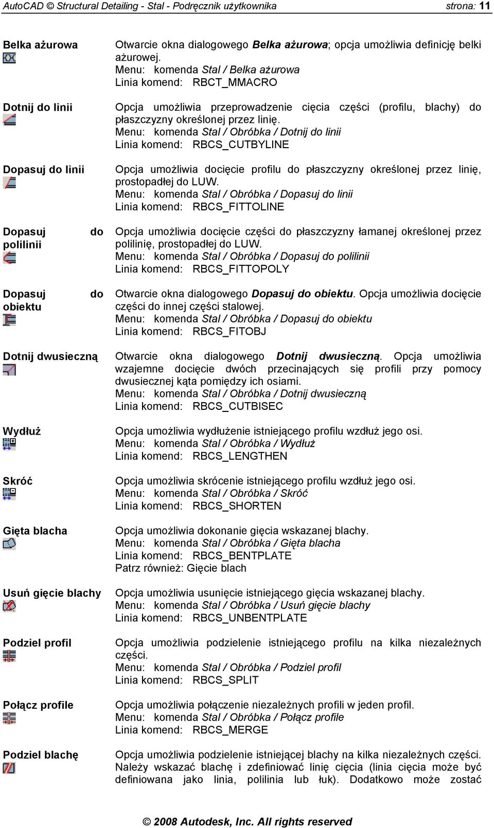 Menu: komenda Stal / Belka ażurowa Linia komend: RBCT_MMACRO Opcja umożliwia przeprowadzenie cięcia części (profilu, blachy) do płaszczyzny określonej przez linię.