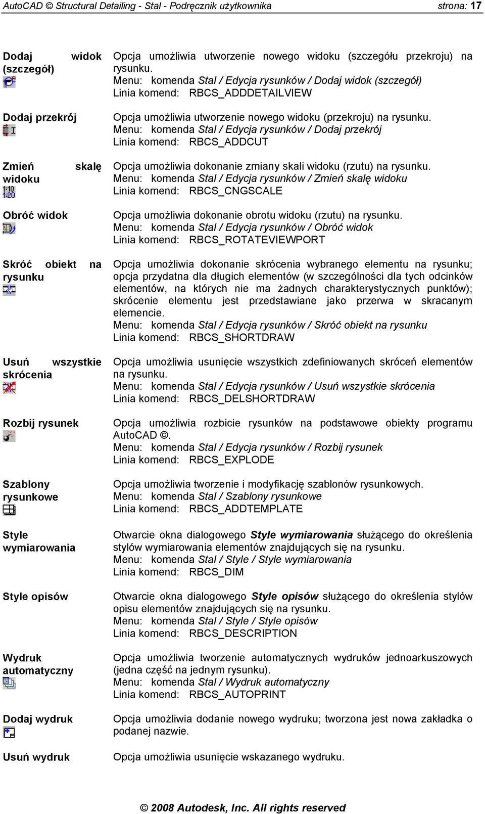 Menu: komenda Stal / Edycja rysunków / Dodaj przekrój Linia komend: RBCS_ADDCUT Zmień widoku Obróć widok skalę Opcja umożliwia dokonanie zmiany skali widoku (rzutu) na rysunku.