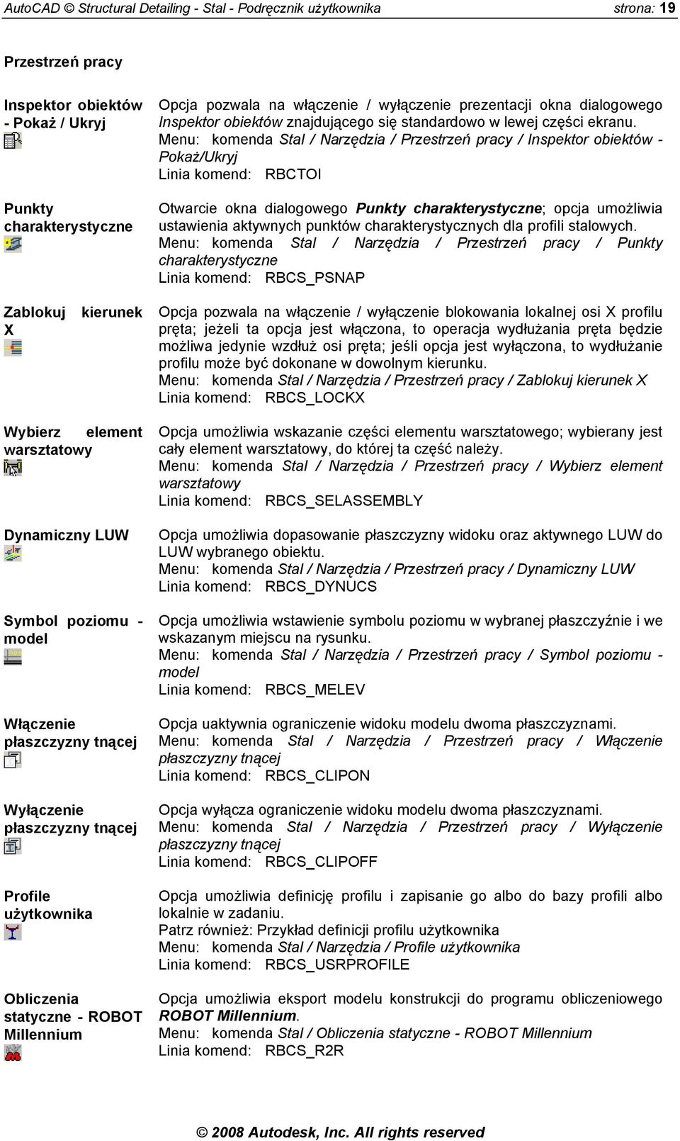 Menu: komenda Stal / Narzędzia / Przestrzeń pracy / Inspektor obiektów - Pokaż/Ukryj Linia komend: RBCTOI Otwarcie okna dialogowego Punkty charakterystyczne; opcja umożliwia ustawienia aktywnych