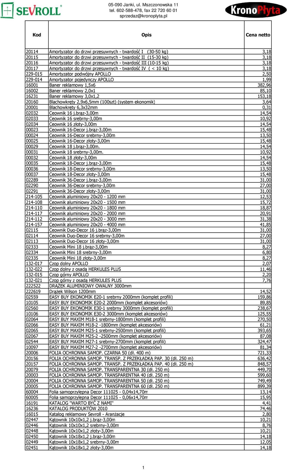 16002 Baner reklamowy 2,0x1 85,10 16231 Baner reklamowy 3,0x1,2 153,18 20160 Blachowkręty 2,9x6,5mm (100szt) (system ekonomik) 3,64 20001 Blachowkręty 6,3x32mm 0,31 02032 Ceownik 16 j.