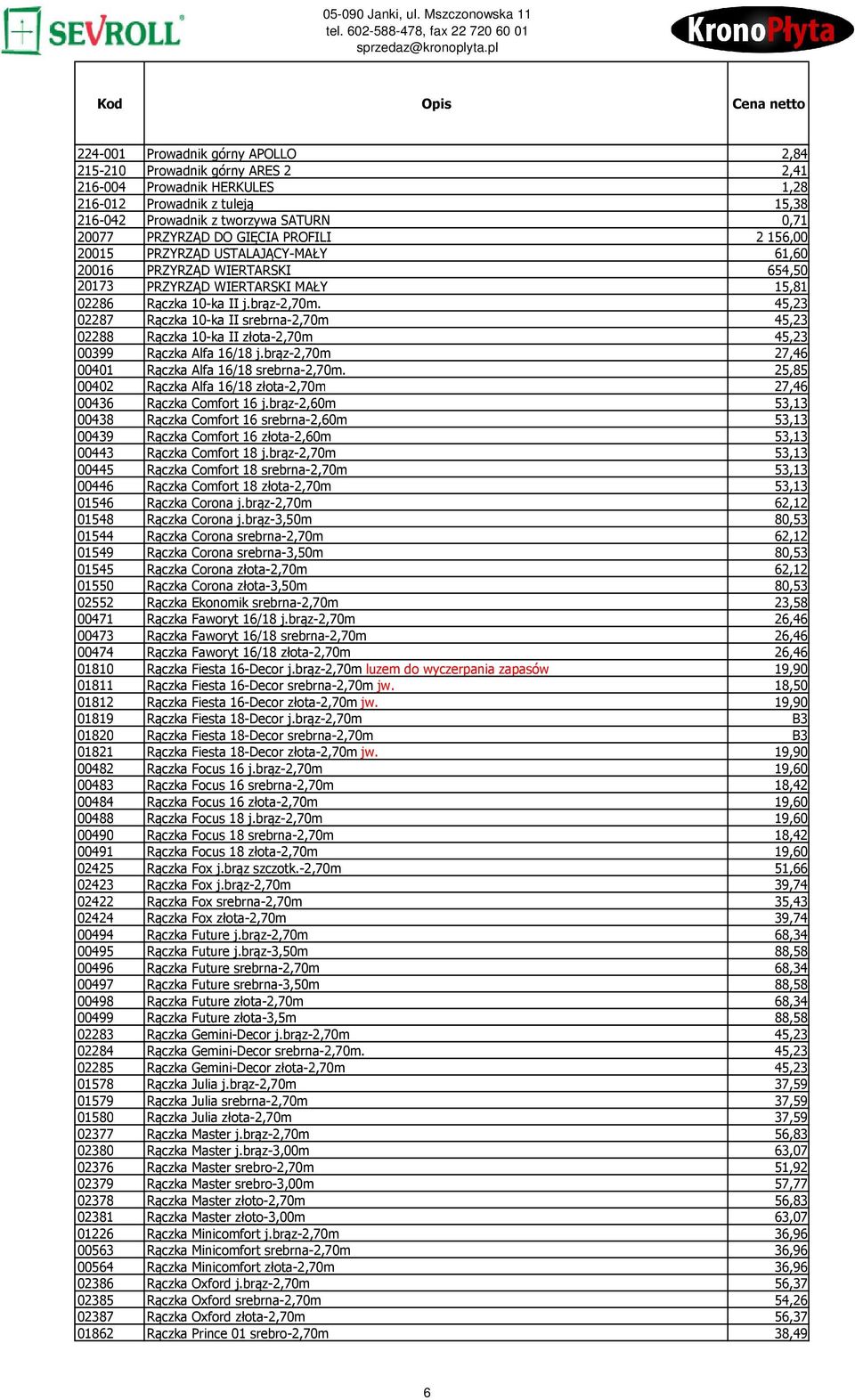 45,23 02287 Rączka 10-ka II srebrna-2,70m 45,23 02288 Rączka 10-ka II złota-2,70m 45,23 00399 Rączka Alfa 16/18 j.brąz-2,70m 27,46 00401 Rączka Alfa 16/18 srebrna-2,70m.