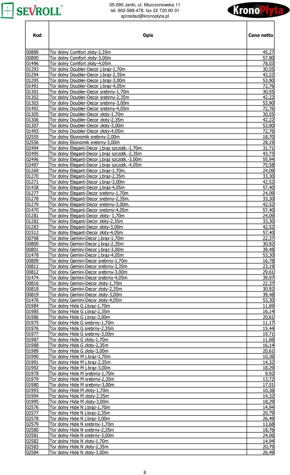 brąz-4,05m 72,76 01301 Tor dolny Doubler-Decor srebrny-1,70m 30,55 01302 Tor dolny Doubler-Decor srebrny-2,35m 42,22 01303 Tor dolny Doubler-Decor srebrny-3,00m 53,90 01492 Tor dolny Doubler-Decor