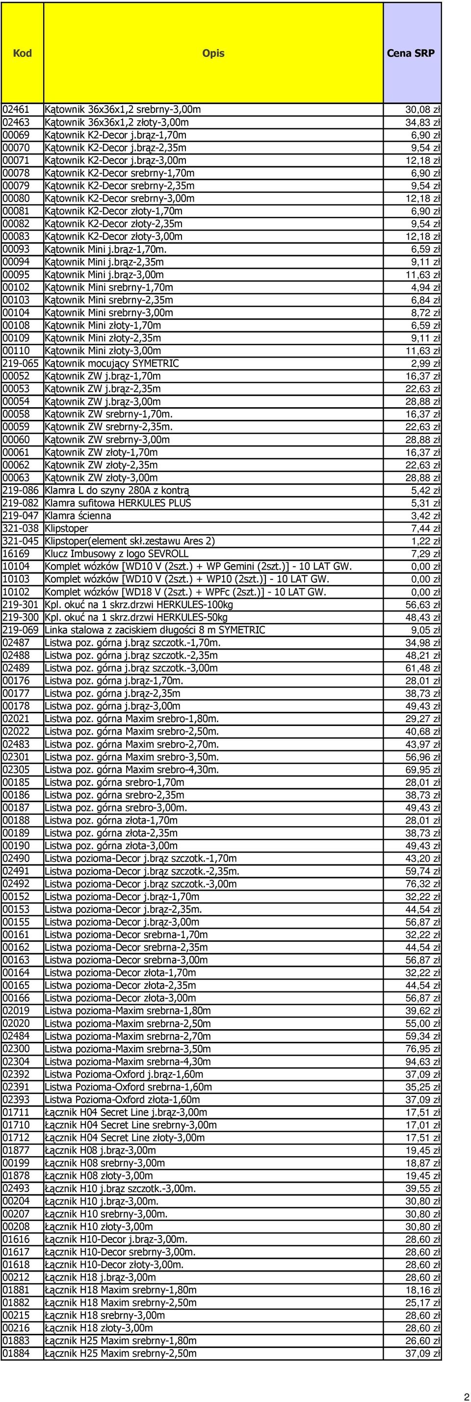 brąz-3,00m 12,18 zł 00078 Kątownik K2-Decor srebrny-1,70m 6,90 zł 00079 Kątownik K2-Decor srebrny-2,35m 9,54 zł 00080 Kątownik K2-Decor srebrny-3,00m 12,18 zł 00081 Kątownik K2-Decor złoty-1,70m 6,90