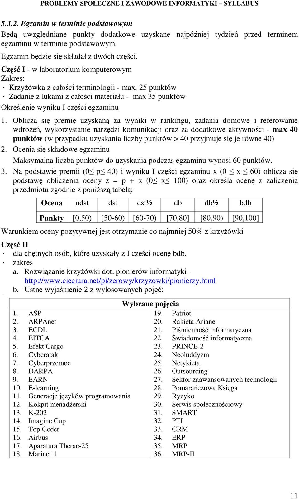 Część I - w laboratorium komputerowym Zakres: KrzyŜówka z całości terminologii - max. 25 punktów Zadanie z lukami z całości materiału - max 35 punktów Określenie wyniku I części egzaminu 1.