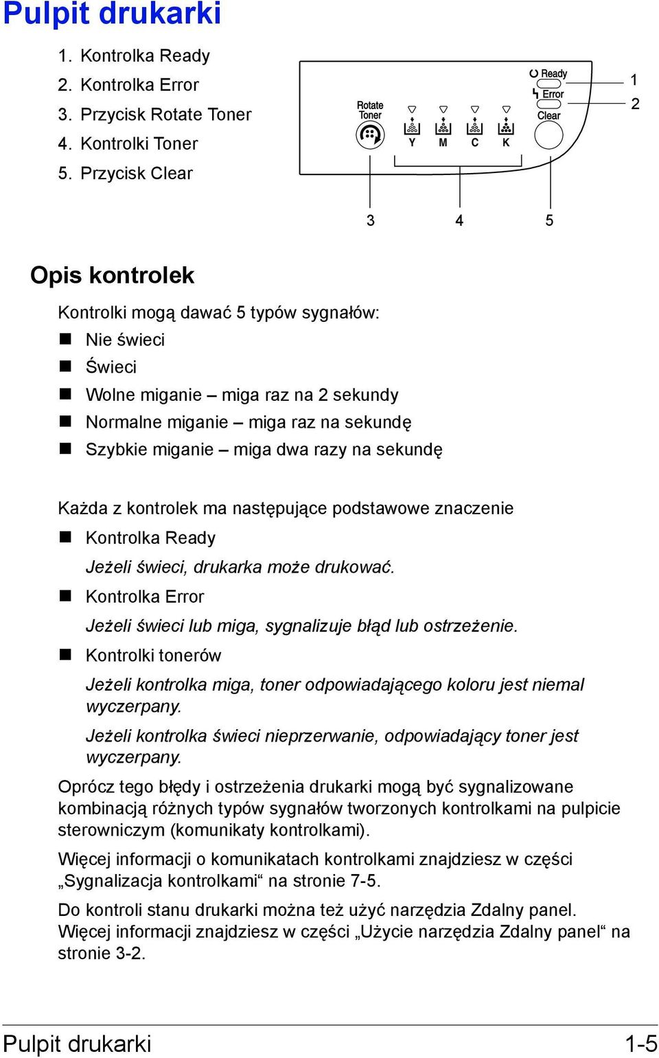 sekundę Każda z kontrolek ma następujące podstawowe znaczenie Kontrolka Ready Jeżeli świeci, drukarka może drukować. Kontrolka Error Jeżeli świeci lub miga, sygnalizuje błąd lub ostrzeżenie.