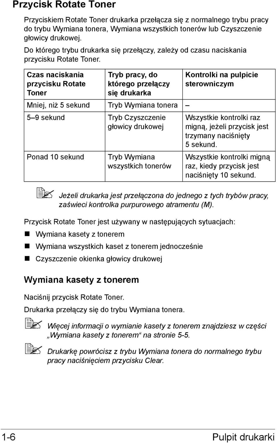 Czas naciskania przycisku Rotate Toner Tryb pracy, do którego przełączy się drukarka Mniej, niż 5 sekund Tryb Wymiana tonera 5 9 sekund Tryb Czyszczenie głowicy drukowej Ponad 10 sekund Tryb Wymiana