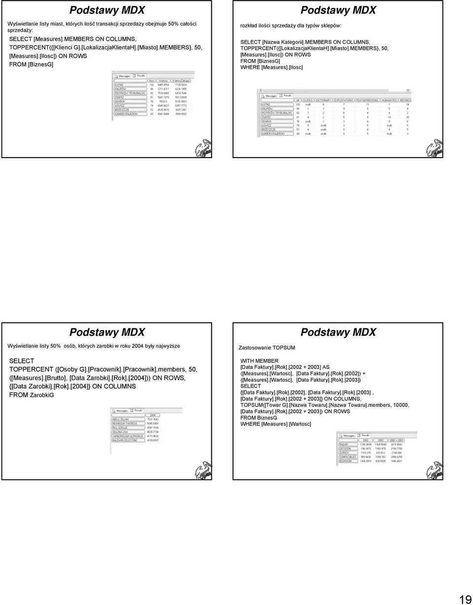 [Ilosc] Wyświetlanie listy 50% osób, których zarobki w roku 2004 były najwyższe Zastosowanie TOPSUM TOPPERCENT ([Osoby G].[Pracownik].[Pracownik].members, 50, ([Measures].[Brutto], [Data Zarobki].