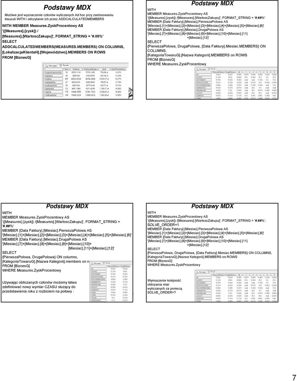 [zysk]) /[Measures].[WartoscZakupu]', FORMAT_STRING = '#.##%' MEMBER [Data Faktury].[Miesiac].PierwszaPolowa AS '[Miesiac].[1]+[Miesiac].[2]+[Miesiac].[3]+[Miesiac].[4]+[Miesiac].[5]+[Miesiac].