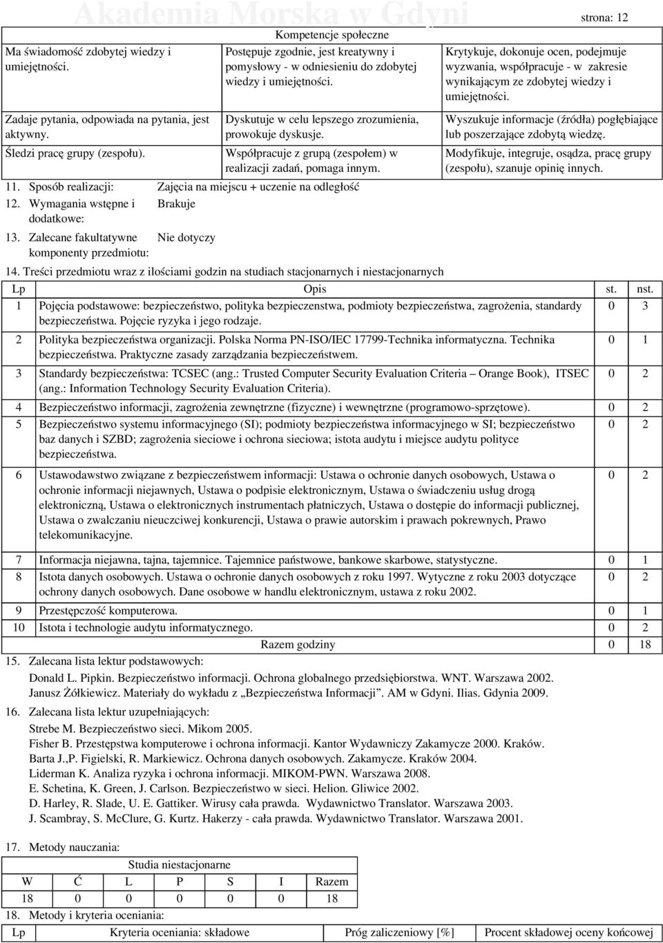 Współpracuje z grupą (zespołem) w realizacji zadań, pomaga innym. 11. Sposób realizacji: Zajęcia na miejscu + uczenie na odległość 12. Wymagania wstępne i Brakuje dodatkowe: 13.