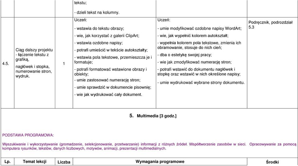 - wstawia ozdobne napisy; - potrafi umieścić w tekście autokształty; - wstawia pola tekstowe, przemieszcza je i formatuje; - potrafi formatować wstawione obrazy i obiekty; - umie zastosować numerację