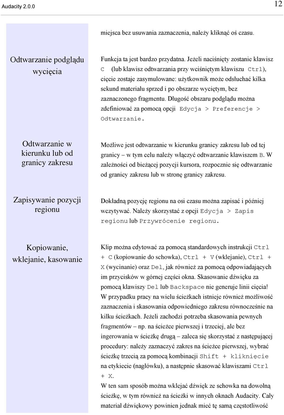 wyciętym, bez zaznaczonego fragmentu. Długość obszaru podglądu można zdefiniować za pomocą opcji Edycja > Preferencje > Odtwarzanie.