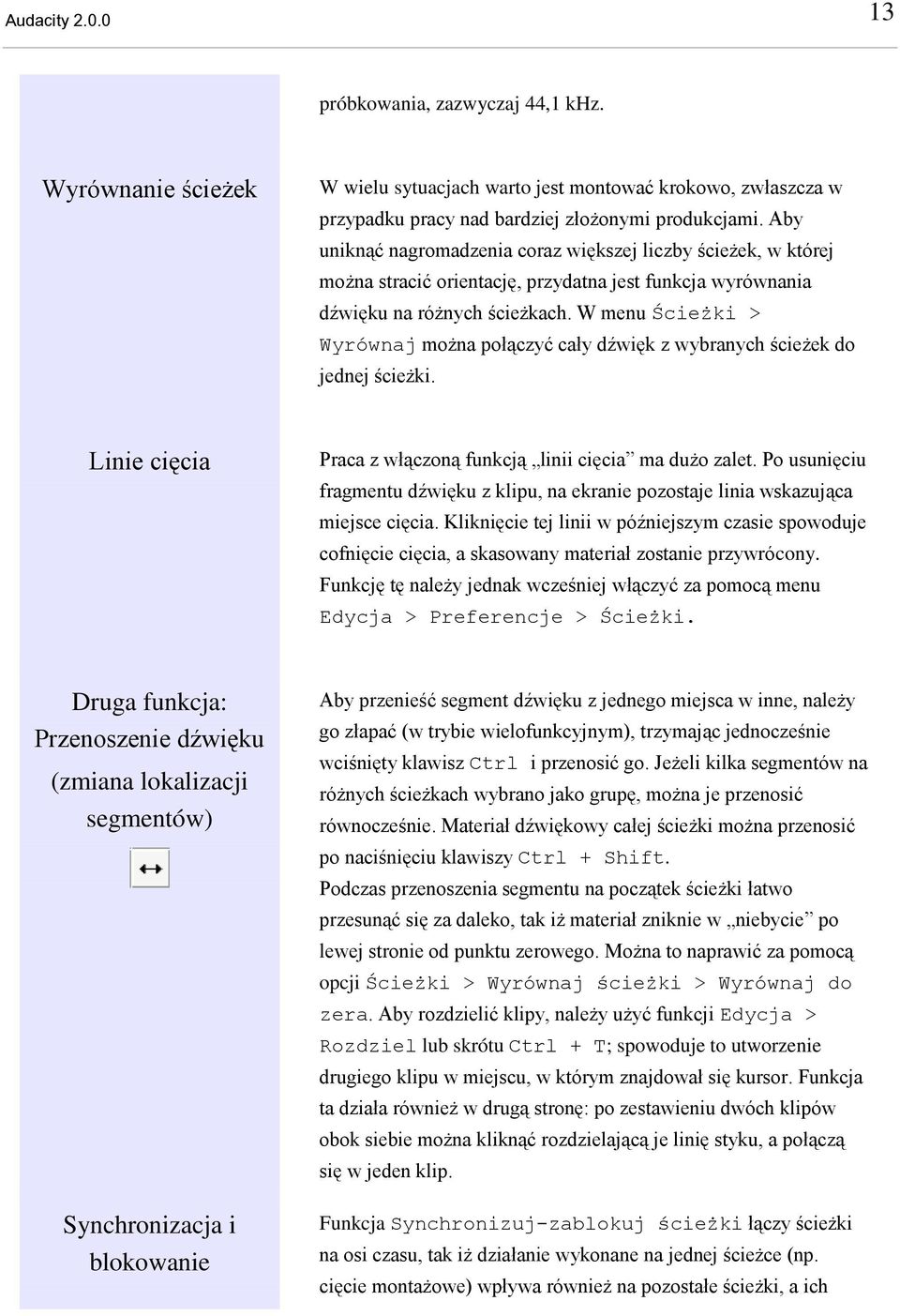 W menu Ścieżki > Wyrównaj można połączyć cały dźwięk z wybranych ścieżek do jednej ścieżki. Linie cięcia Praca z włączoną funkcją linii cięcia ma dużo zalet.