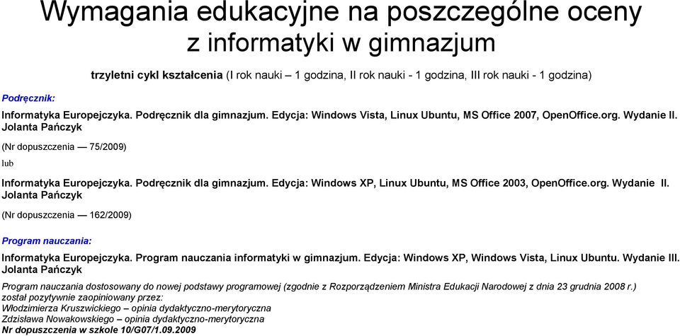 Podręcznik dla gimnazjum. Edycja: Windows XP, Linux Ubuntu, MS Office 2003, OpenOffice.org. Wydanie II. Jolanta Pańczyk (Nr dopuszczenia 62/2009) Program nauczania: Informatyka Europejczyka.