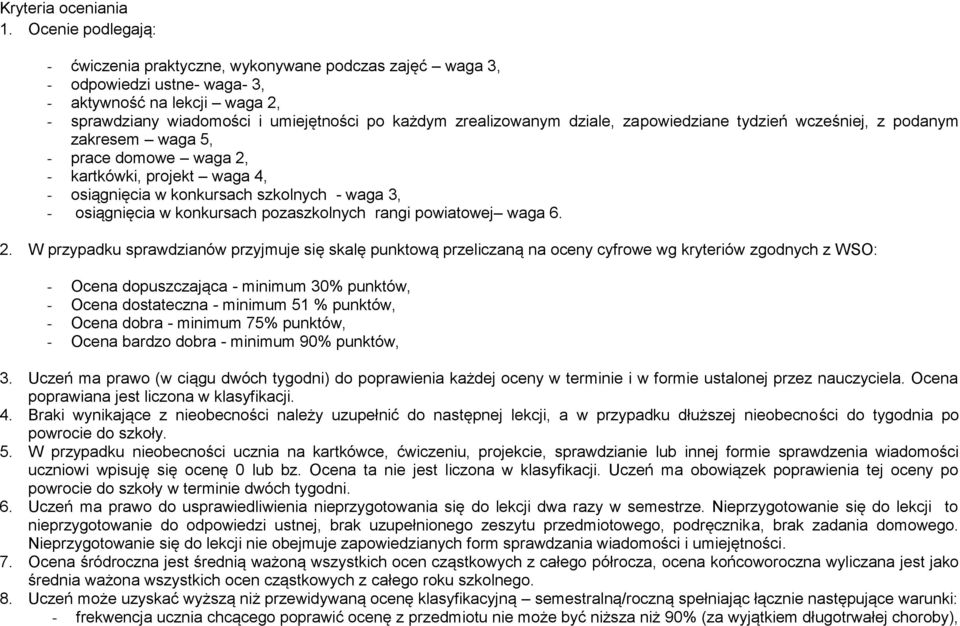 dziale, zapowiedziane tydzień wcześniej, z podanym zakresem waga 5, - prace domowe waga 2, - kartkówki, projekt waga 4, - osiągnięcia w konkursach szkolnych - waga 3, - osiągnięcia w konkursach