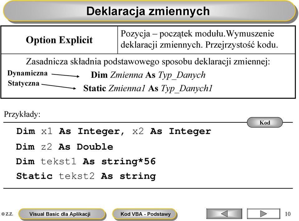 Zasadnicza składnia podstawowego sposobu deklaracji zmiennej: Dynamiczna Statyczna Dim