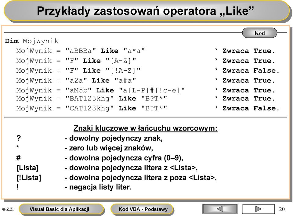 True. Zwraca True. True. Zwraca False. Zwraca True. True. Zwraca True. True. Zwraca True. True. Zwraca False. Znaki Znaki kluczowe w łańcuchu wzorcowym:?