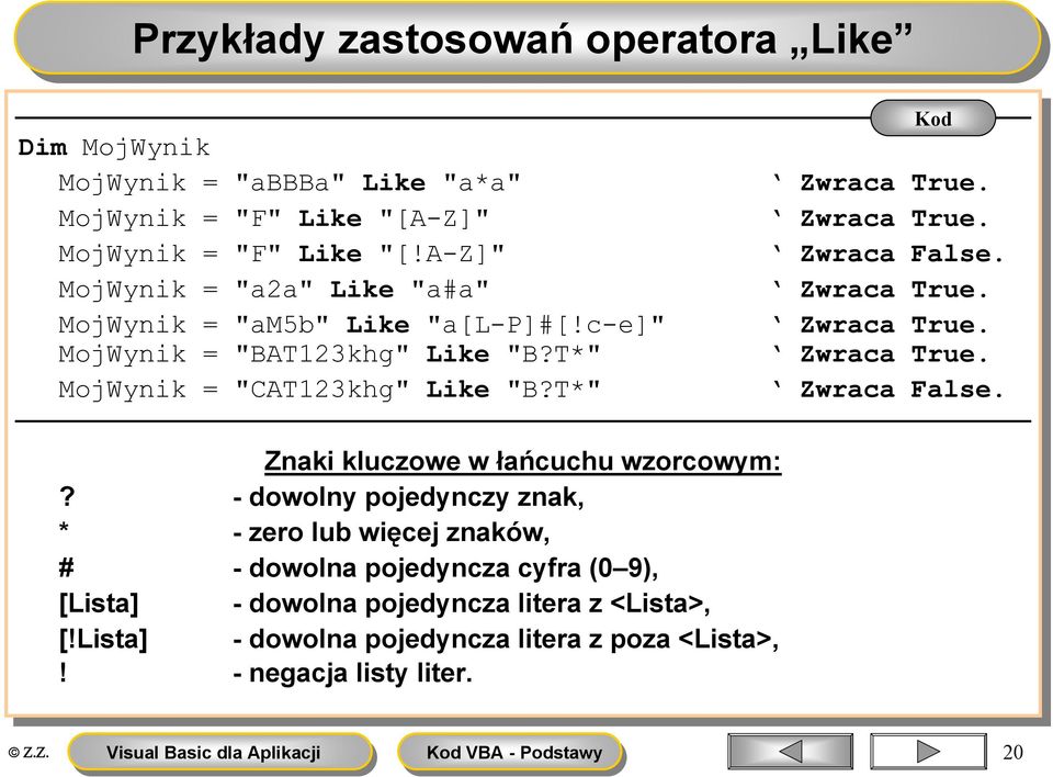 True. Zwraca True. True. Zwraca False. Zwraca True. True. Zwraca True. True. Zwraca True. True. Zwraca False. Znaki Znaki kluczowe w łańcuchu wzorcowym:?