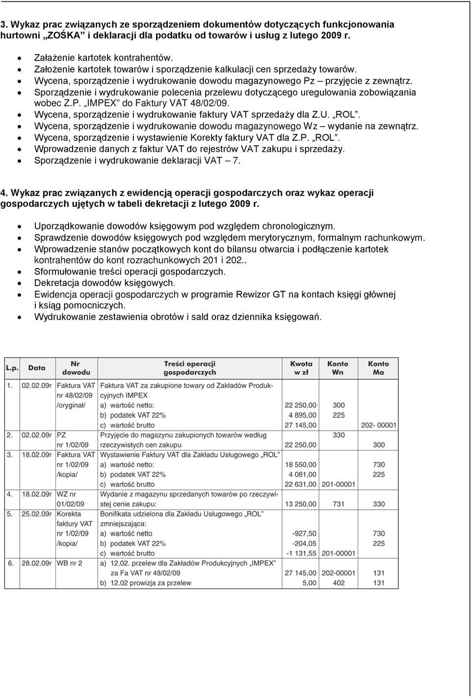 Sporządzenie i wydrukowanie polecenia przelewu dotyczącego uregulowania zobowiązania wobec Z.P. IMPEX do Faktury VAT 48/02/09. Wycena, sporządzenie i wydrukowanie faktury VAT sprzedaży dla Z.U. ROL.