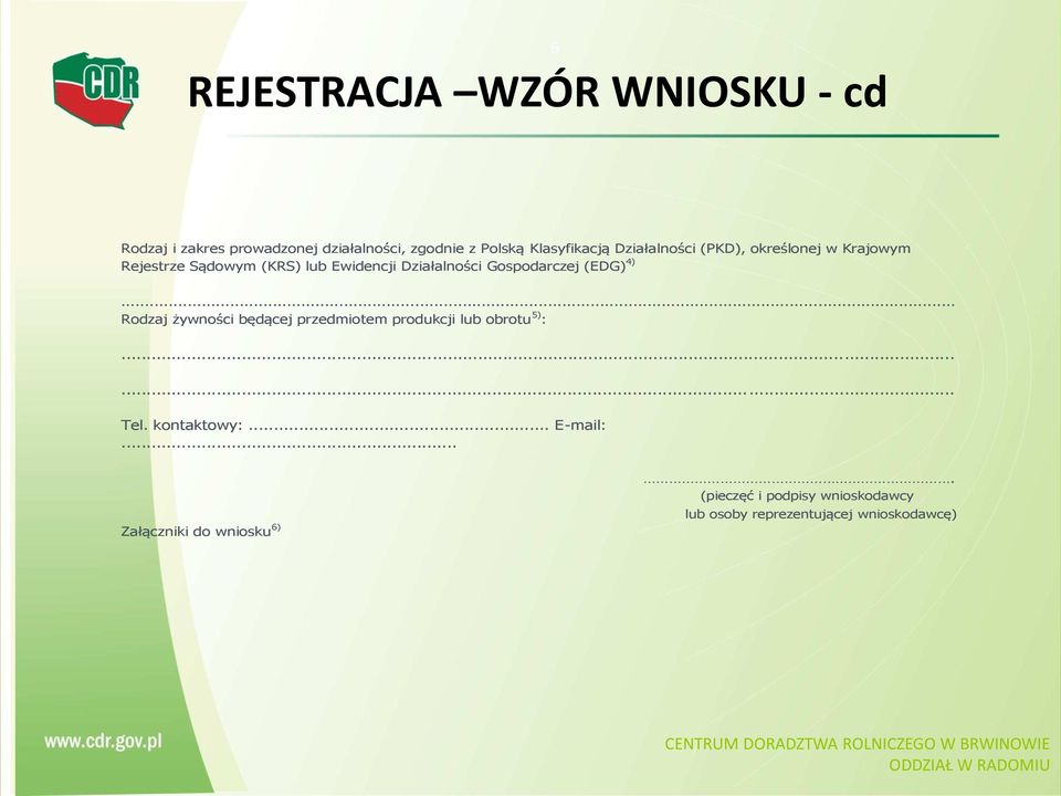 (EDG) 4)... Rodzaj żywności będącej przedmiotem produkcji lub obrotu 5) :...... Tel. kontaktowy:... E-mail:.