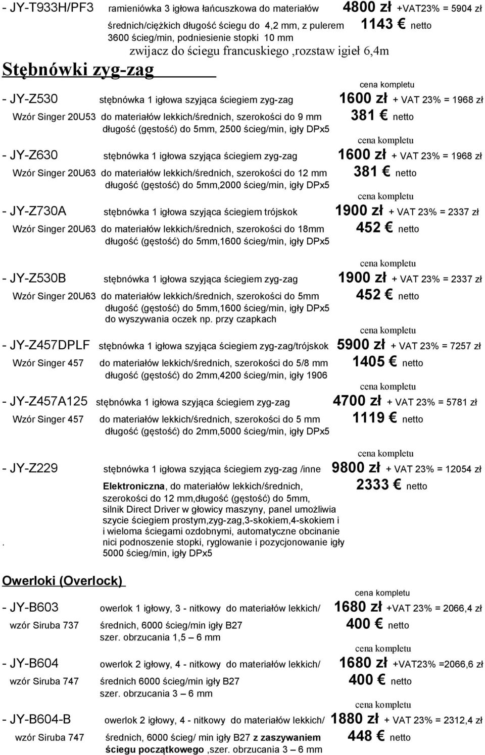 szerokości do 9 mm 381 netto długość (gęstość) do 5mm, 2500 ścieg/min, igły DPx5 - JY-Z630 stębnówka 1 igłowa szyjąca ściegiem zyg-zag 1600 zł + VAT 23% = 1968 zł Wzór Singer 20U63 do materiałów