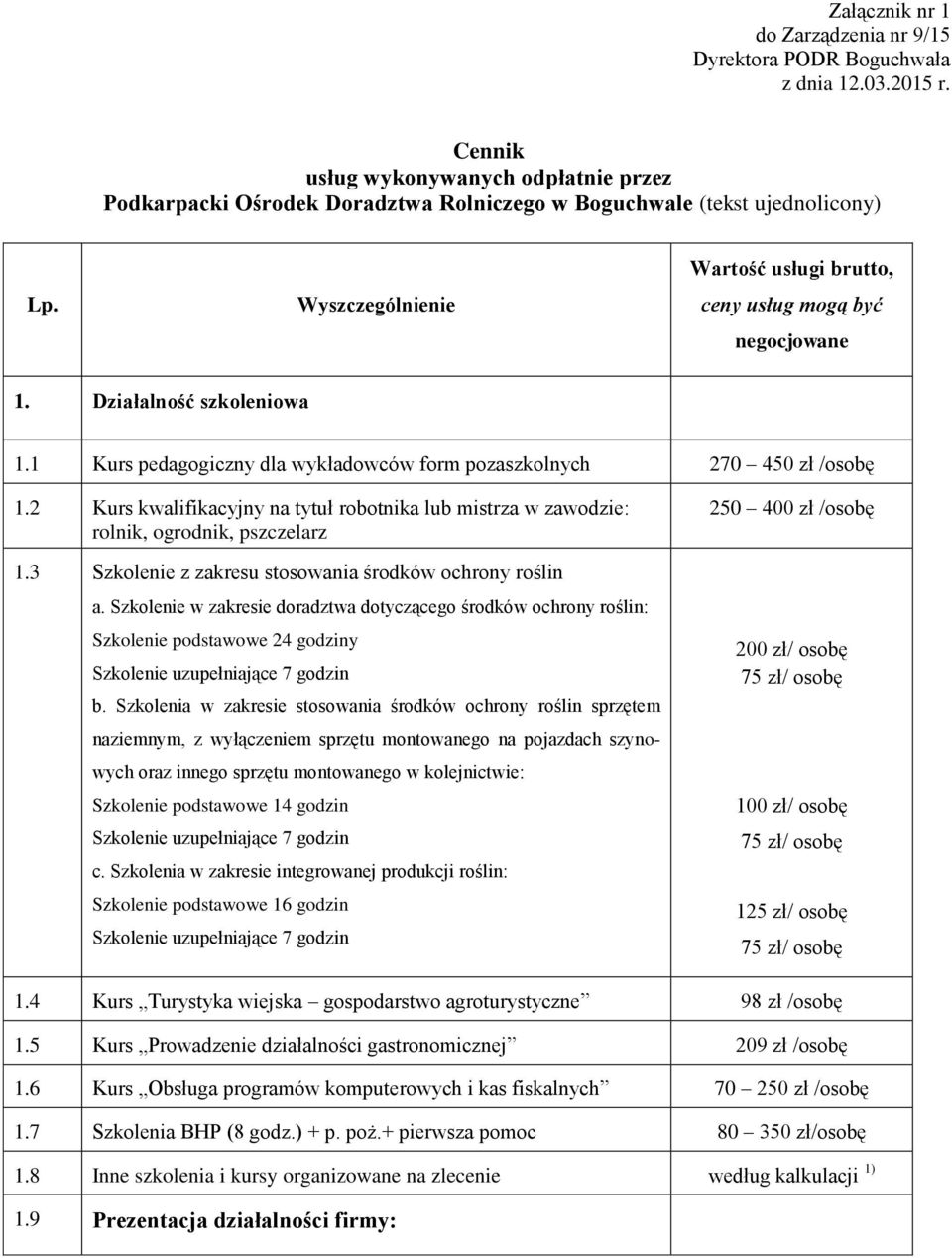 Działalność szkoleniowa 1.1 Kurs pedagogiczny dla wykładowców form pozaszkolnych 270 450 /osobę 1.2 Kurs kwalifikacyjny na tytuł robotnika lub mistrza w zawodzie: rolnik, ogrodnik, pszczelarz 1.