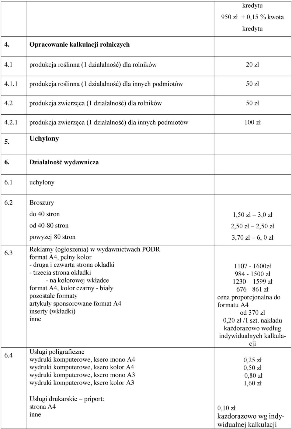 4 do 40 stron od 40-80 stron powyżej 80 stron Reklamy (ogłoszenia) w wydawnictwach PODR format A4, pełny kolor - druga i czwarta strona okładki - trzecia strona okładki - na kolorowej wkładce format