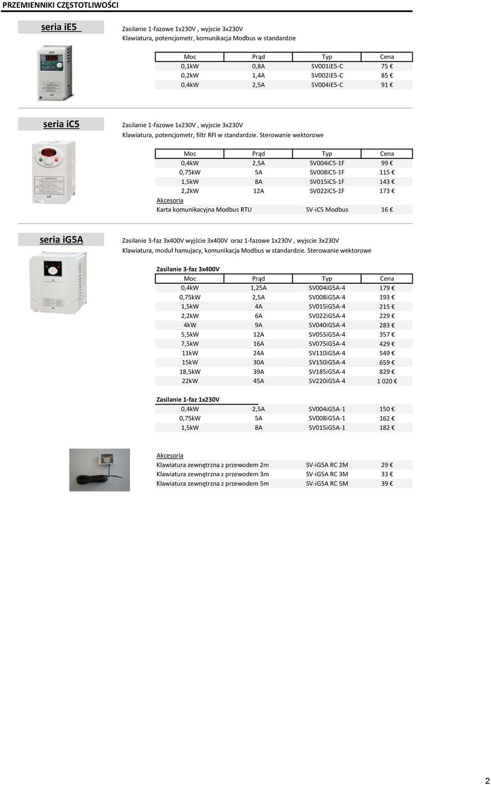 Sterowanie wektorowe Moc Prąd 0,4kW 2,5A SV004iC5-1F 99 0,75kW 5A SV008iC5-1F 115 1,5kW 8A SV015iC5-1F 143 2,2kW 12A SV022iC5-1F 173 Akcesoria Karta komunikacyjna Modbus RTU SV-iC5 Modbus 16 seria