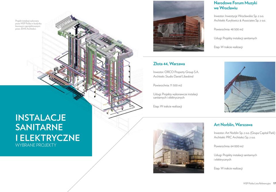 Architekt: Studio Daniel Libeskind Powierzchnia: 71 500 m2 Usługi: Projekty wykonawcze instalacji sanitarnych i elektrycznych Etap: W trakcie realizacji INSTALACJE SANITARNE I ELEKTRYCZNE WYBRANE