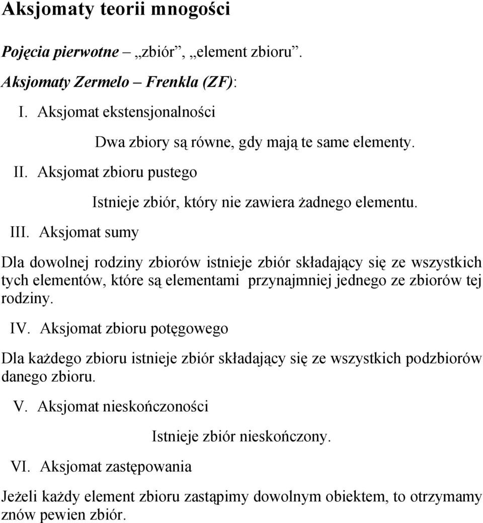 Dla dowolnej rodziny zbiorów istnieje zbiór składający się ze wszystkich tych elementów, które są elementami przynajmniej jednego ze zbiorów tej rodziny. IV.