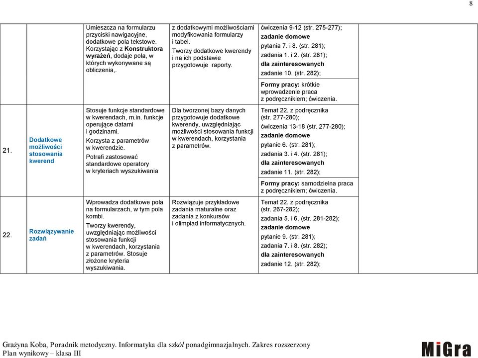 i 2. (str. 281); zadanie 10. (str. 282); Formy pracy: krótkie wprowadzenie praca 21. Dodatkowe możliwości stosowania kwerend Stosuje funkcje standardowe w kwerendach, m.in.