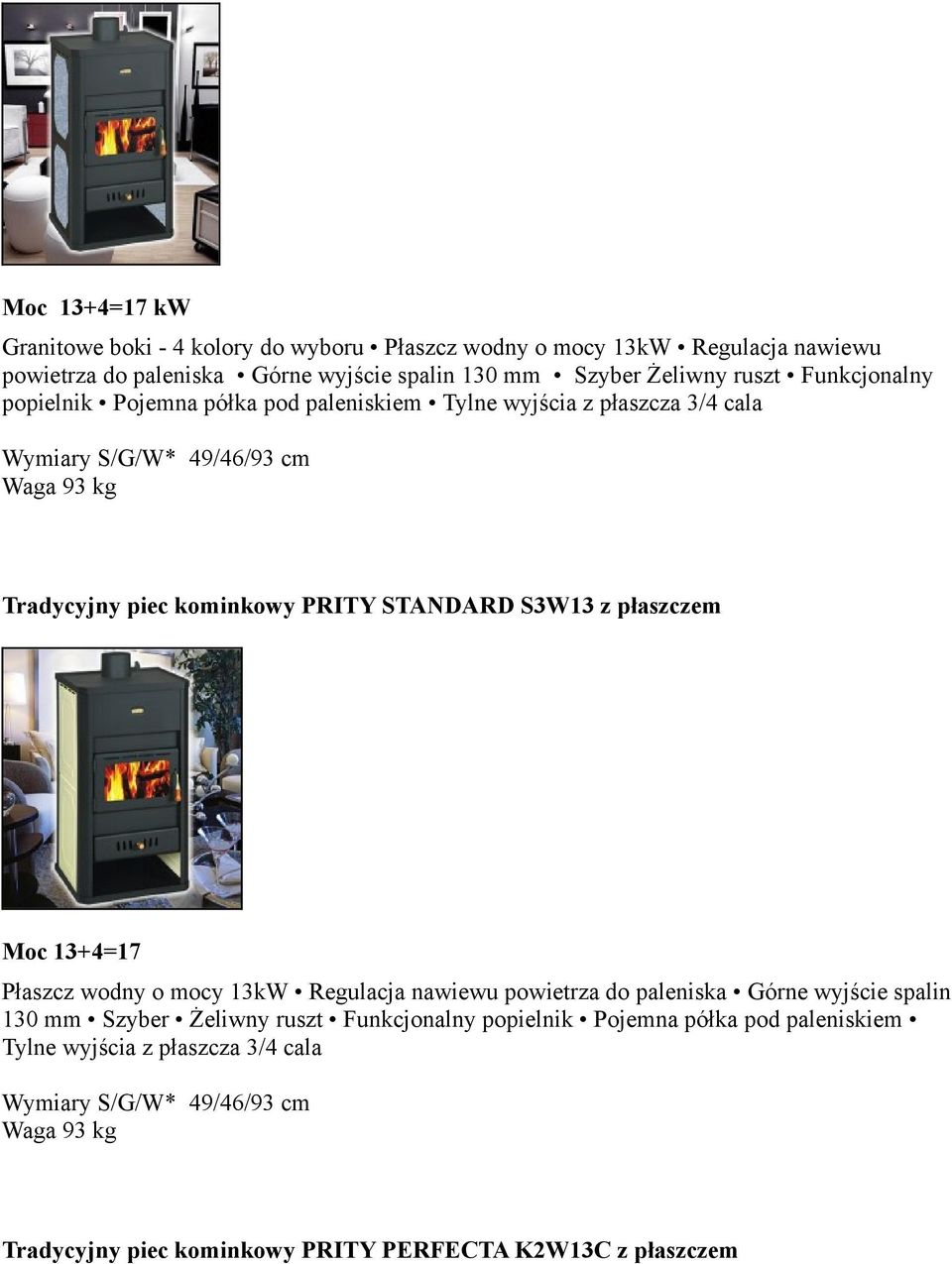 STANDARD S3W13 z płaszczem Moc 13+4=17 Płaszcz wodny o mocy 13kW Regulacja nawiewu powietrza do paleniska Górne wyjście spalin 130 mm Szyber Żeliwny  PERFECTA K2W13C