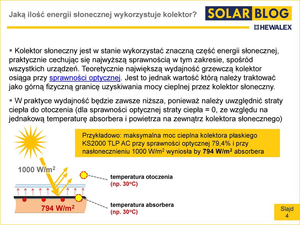 Teoretycznie największą wydajność grzewczą kolektor osiąga przy sprawności optycznej.