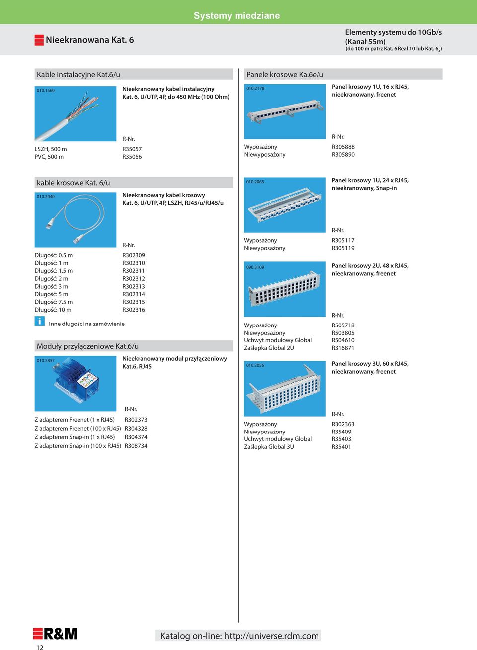 2040 Nieekranowany kabel krosowy Kat. 6, U/UTP, 4P, LSZH, RJ45/u/RJ45/u 010.2065 Panel krosowy 1U, 24 x RJ45, nieekranowany, Snap-in Długość: 0.5 m Długość: 1 m Długość: 1.