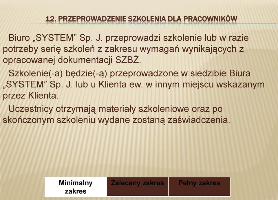 dokumentacji SZBŻ. Szkolenie(-a) będzie(-ą) przeprowadzone w siedzibie Biura SYSTEM Sp. J.