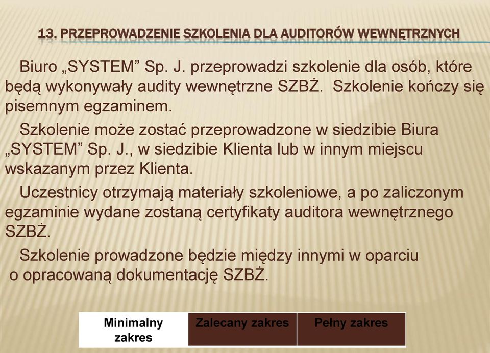 Szkolenie może zostać przeprowadzone w siedzibie Biura SYSTEM Sp. J., w siedzibie Klienta lub w innym miejscu wskazanym przez Klienta.