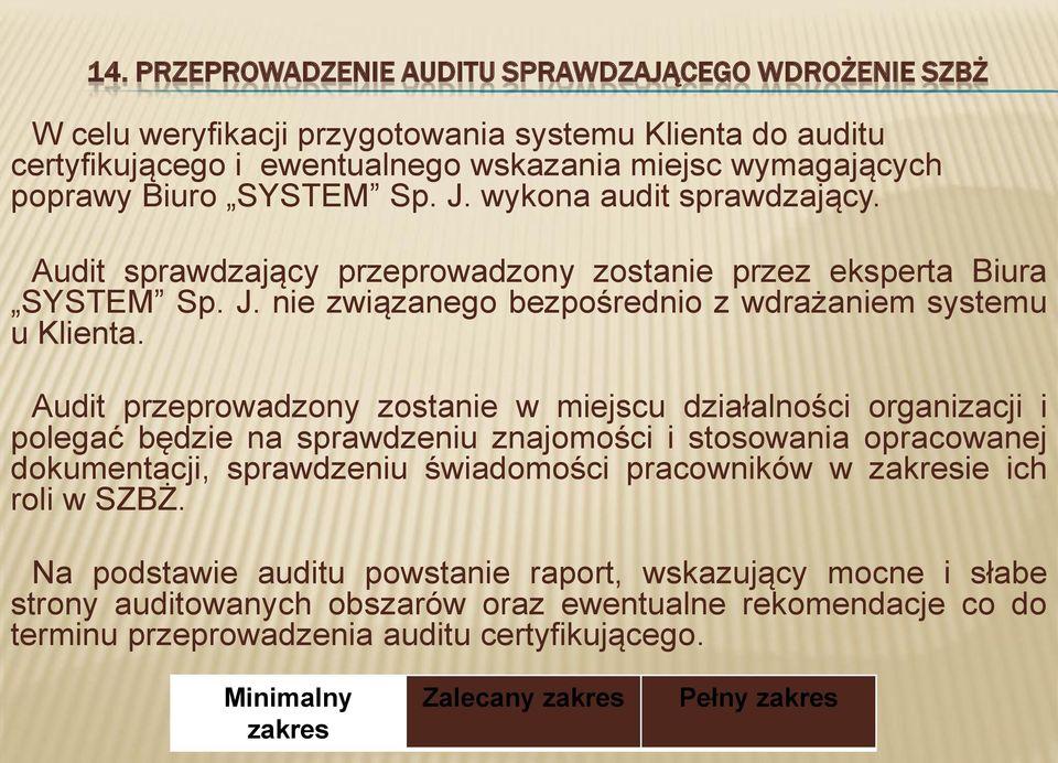 Audit przeprowadzony zostanie w miejscu działalności organizacji i polegać będzie na sprawdzeniu znajomości i stosowania opracowanej dokumentacji, sprawdzeniu świadomości pracowników w ie