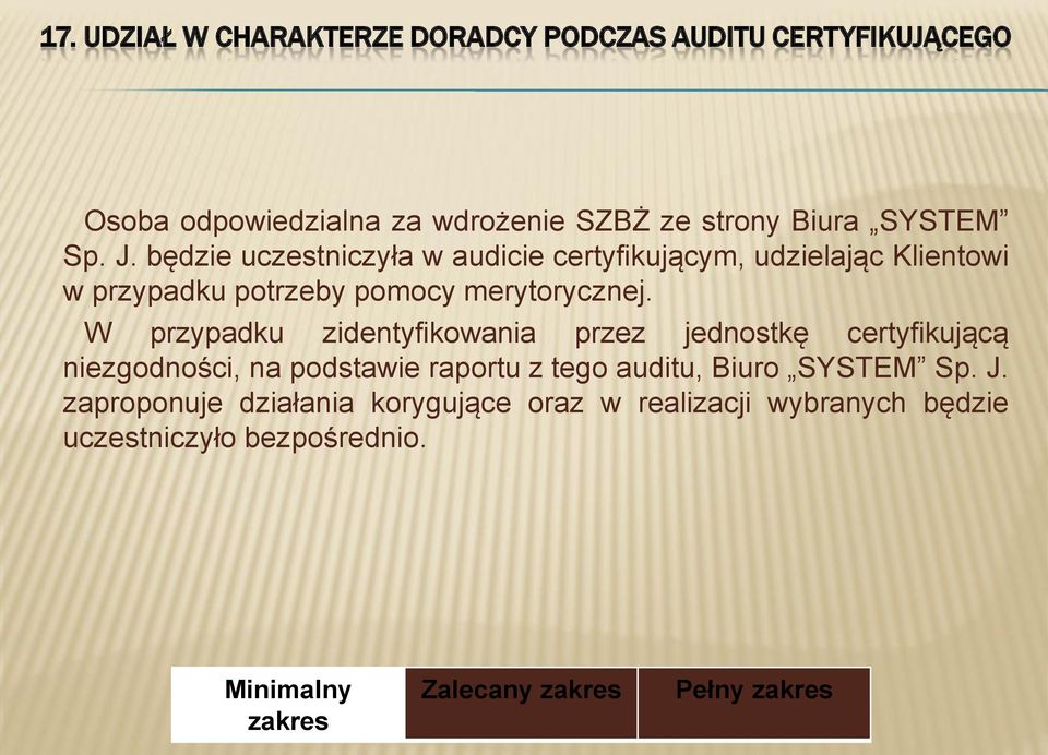 będzie uczestniczyła w audicie certyfikującym, udzielając Klientowi w przypadku potrzeby pomocy merytorycznej.