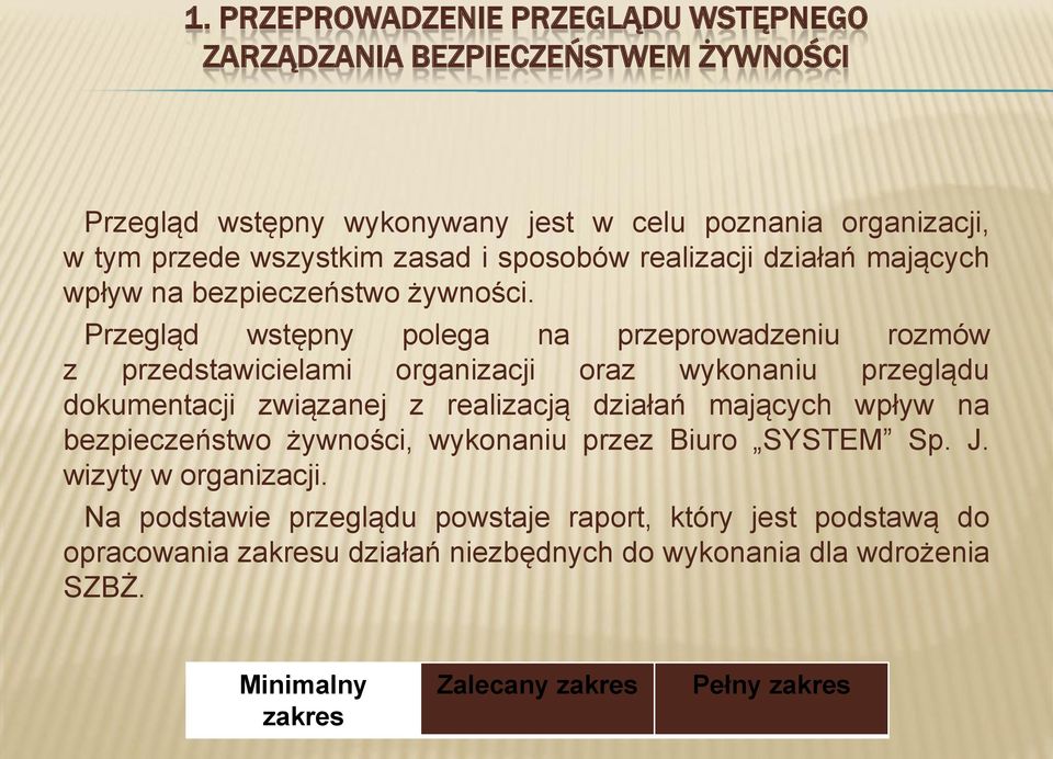 Przegląd wstępny polega na przeprowadzeniu rozmów z przedstawicielami organizacji oraz wykonaniu przeglądu dokumentacji związanej z realizacją działań