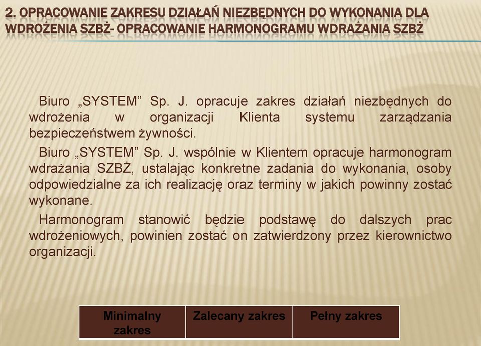 wspólnie w Klientem opracuje harmonogram wdrażania SZBŻ, ustalając konkretne zadania do wykonania, osoby odpowiedzialne za ich realizację oraz