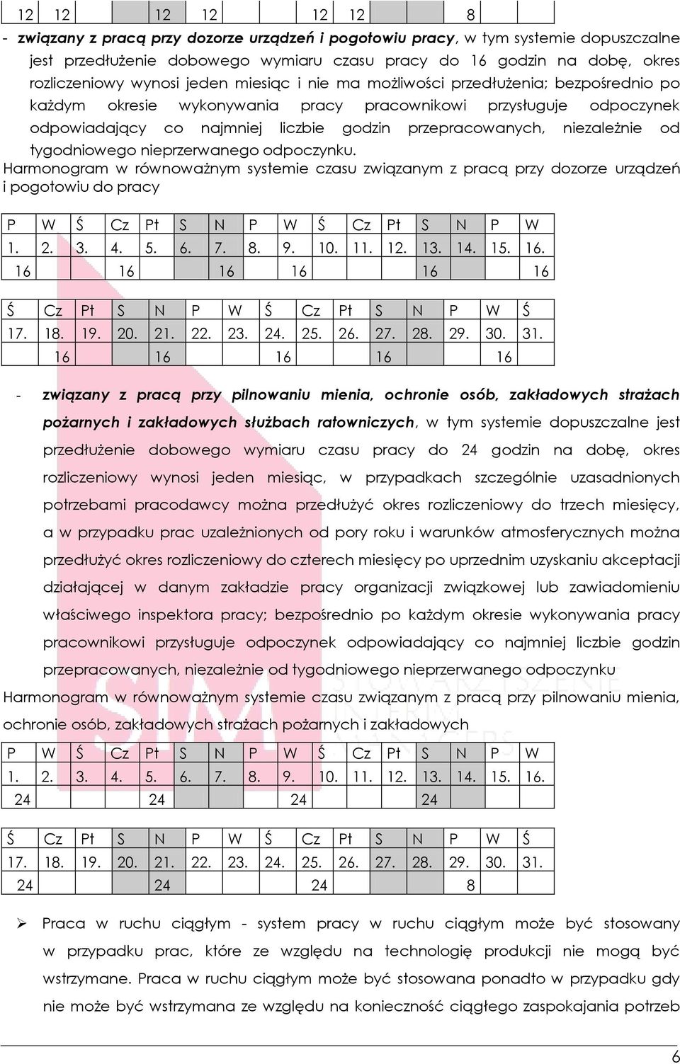 niezależnie od tygodniowego nieprzerwanego odpoczynku. Harmonogram w równoważnym systemie czasu związanym z pracą przy dozorze urządzeń i pogotowiu do pracy P W Ś Cz Pt S N P W Ś Cz Pt S N P W 1. 2.