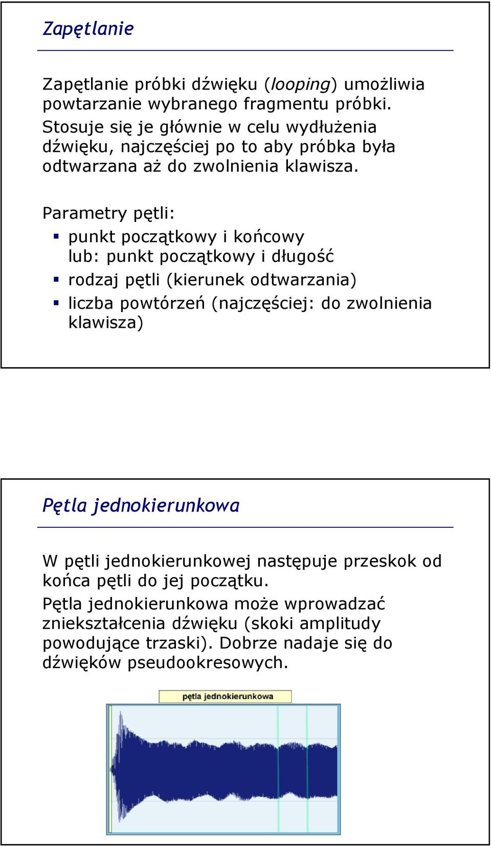 Parametry pętli: punkt początkowy i końcowy lub: punkt początkowy i długość rodzaj pętli (kierunek odtwarzania) liczba powtórzeń (najczęściej: do zwolnienia