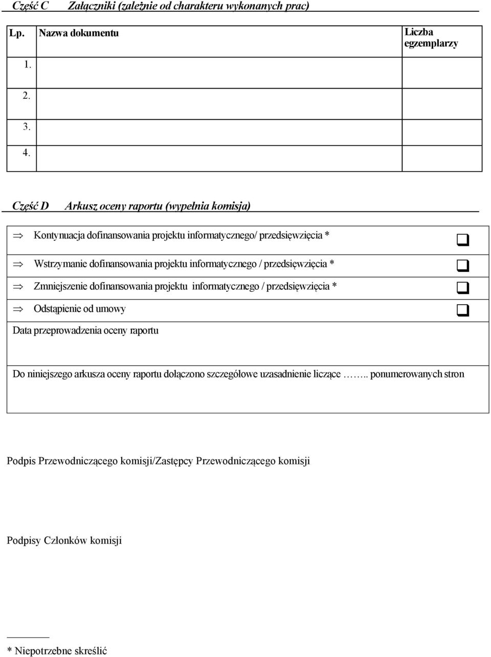 informatycznego / przedsięwzięcia * Zmniejszenie dofinansowania projektu informatycznego / przedsięwzięcia * Odstąpienie od umowy Data przeprowadzenia oceny