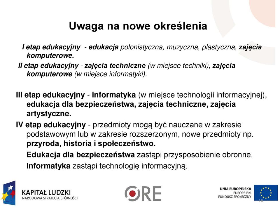 III etap edukacyjny - informatyka (w miejsce technologii informacyjnej), edukacja dla bezpieczeństwa, zajęcia techniczne, zajęcia artystyczne.