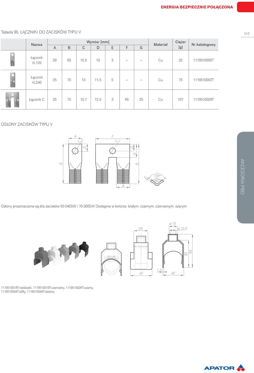 Łącznik VL240 25 75 13 11,5 5 Cu 75 1119510002T Łącznik C 25 75 10,7 12,5 3 65 25 Cu 107 1119510028T OSŁONY ZACISKÓW TYPU V A F C C G D B D A B E 120