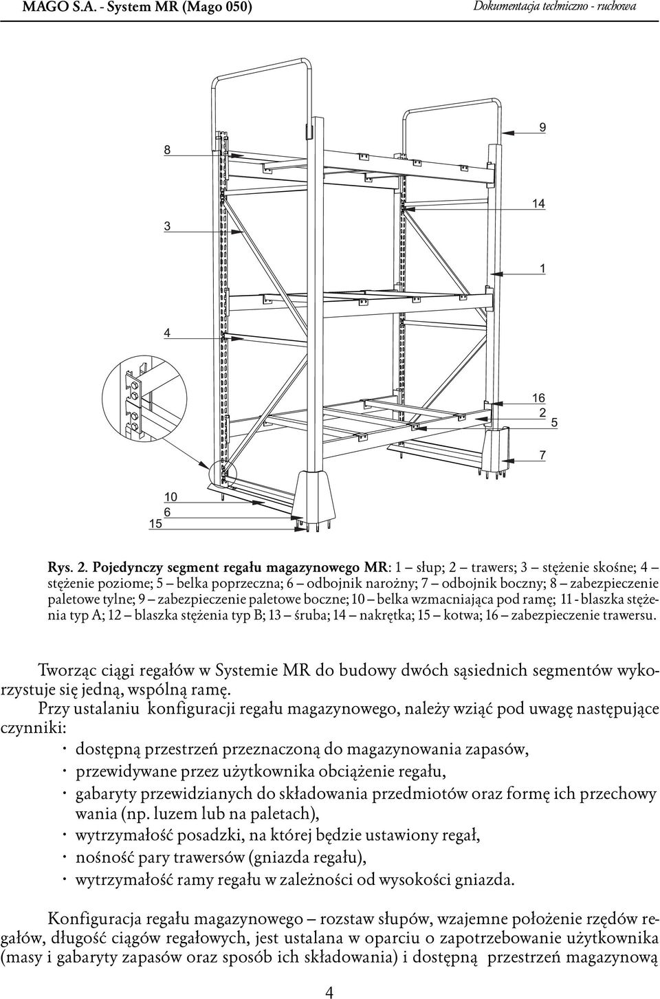 zabezpieczenie paletowe boczne; 10 belka wzmacniająca pod ramę; 11 blaszka stężenia typ A; 12 blaszka stężenia typ B; 13 śruba; 14 nakrętka; 15 kotwa; 16 zabezpieczenie trawersu.