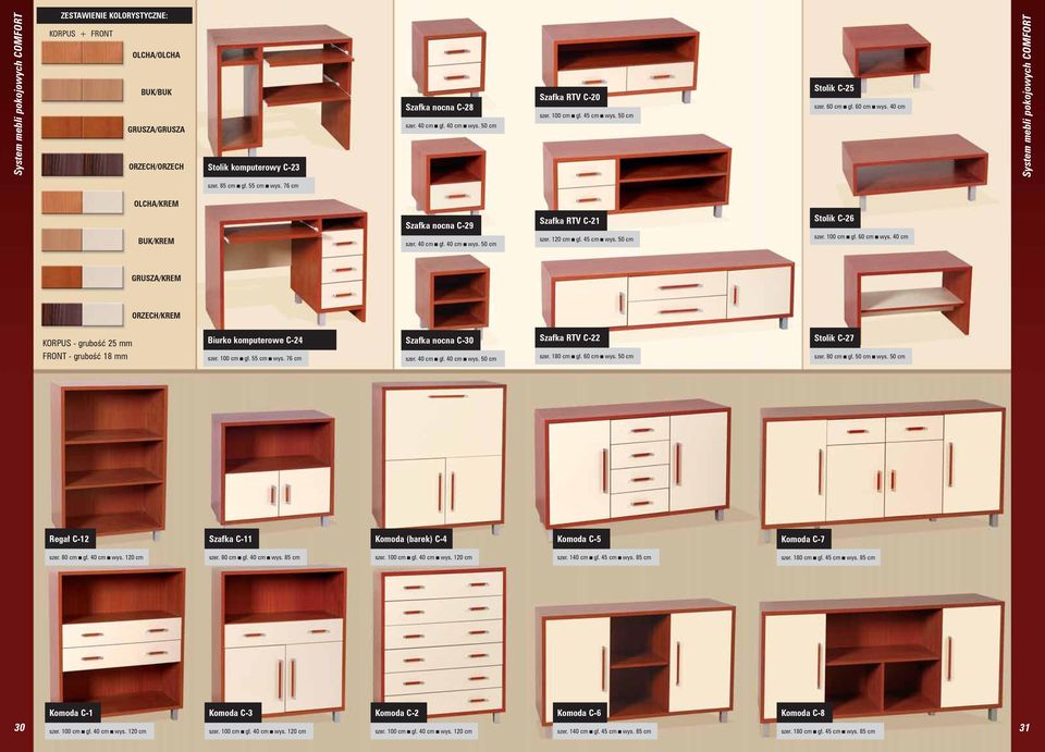76 cm OLCHA/KREM BUK/KREM Szafka nocna C-29 szer. 40 cm gł. 40 cm wys. 50 cm Szafka RTV C-21 szer. 120 cm gł. 45 cm wys. 50 cm Stolik C-26 szer. 100 cm gł. 60 cm wys.