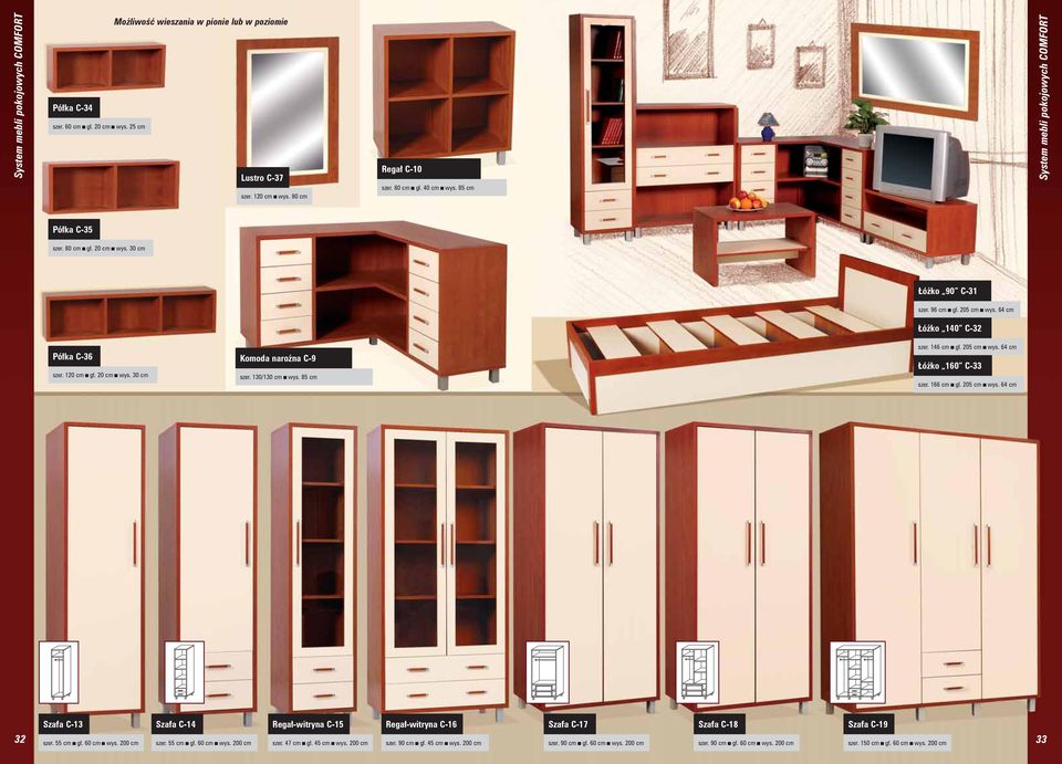 96 cm gł. 205 cm wys. 64 cm Łóżko 140 C-32 szer. 146 cm gł. 205 cm wys. 64 cm Łóżko 160 C-33 szer. 166 cm gł. 205 cm wys. 64 cm Szafa C-13 Szafa C-14 Regał-witryna C-15 Regał-witryna C-16 Szafa C-17 Szafa C-18 Szafa C-19 32 33 szer.