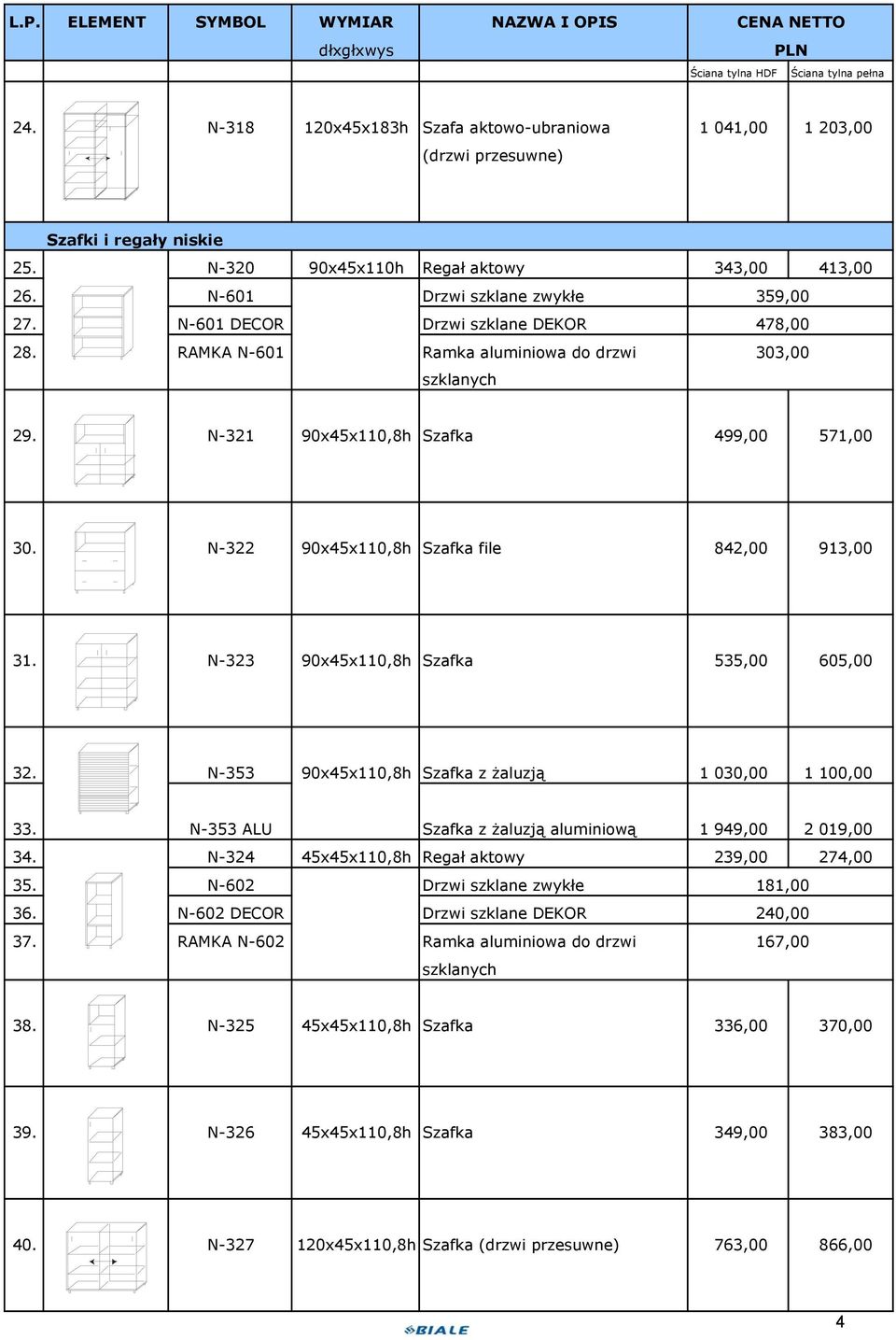 N-322 90x45x110,8h Szafka file 842,00 913,00 31. N-323 90x45x110,8h Szafka 535,00 605,00 32. N-353 90x45x110,8h Szafka z żaluzją 1 030,00 1 100,00 33.