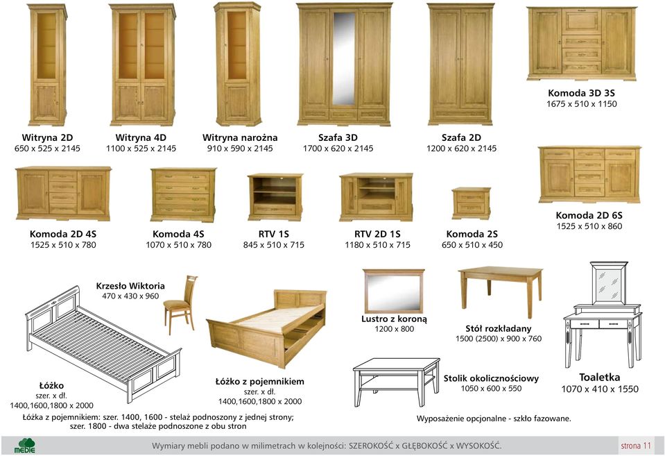 Stół rozkładany 1500 (2500) x 900 x 760 Łóżko szer. x dł. 1400,1600,1800 x 2000 Łóżko z pojemnikiem szer. x dł. 1400,1600,1800 x 2000 Łóżka z pojemnikiem: szer.
